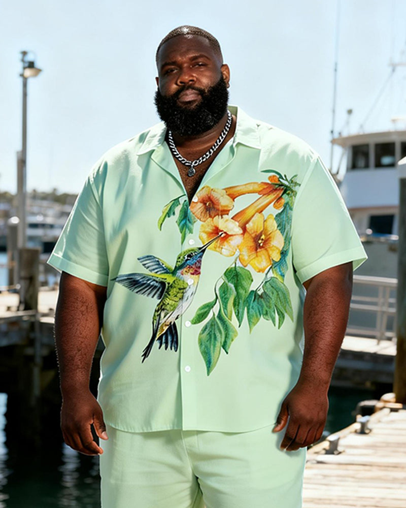 Big & Tall Men's Light Green Bottom Hummingbird Floral Print Short Sleeve Shirt Shorts Set