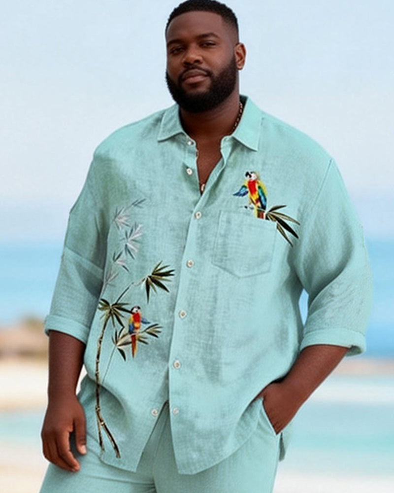 Big & Tall Men's Light Green Bamboo Parrot Printed Long Sleeve Shirt Pants Set