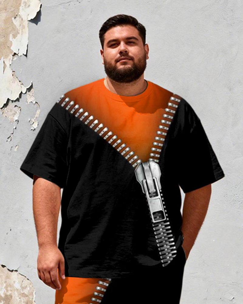 Big & Tall Men's Contrast Orange And Black Zipper Printed T-Shirt Pants Set