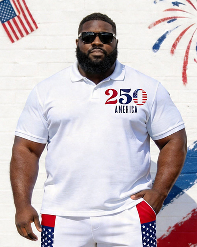 Big & Tall Men's 250 AMERICA Print POLO Short Sleeve Shorts Set