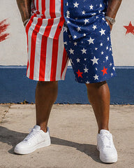 Big & Tall Men's Striped Five-pointed Star Contrast Printed Short Sleeve Shirt Shorts Set