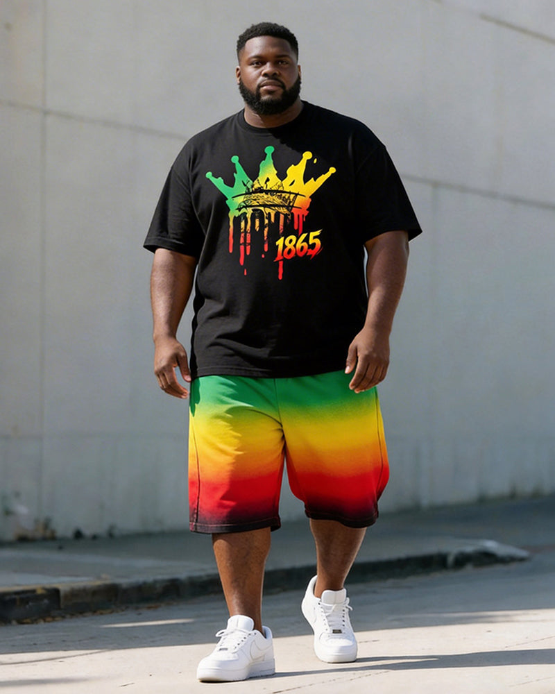 Big & Tall Men's 1865 Crown Graffiti Red Yellow Green Printed Round Neck Short Sleeve T-Shirt Shorts Set