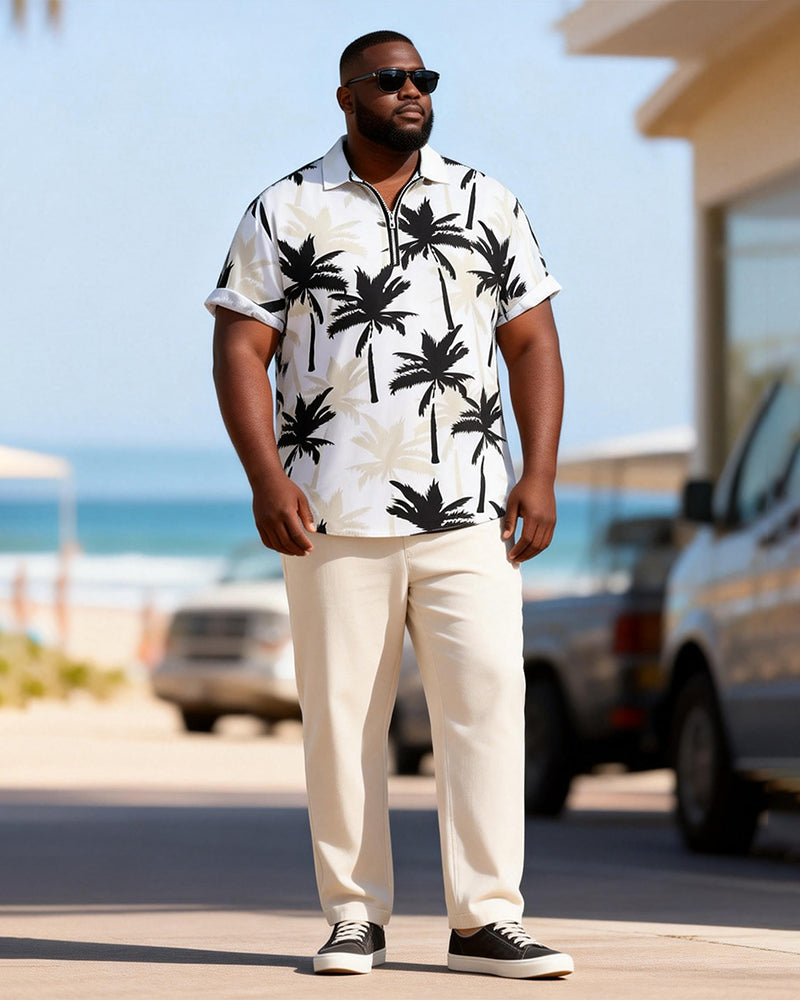 Big & Tall Men's Black And White Coconut Print Zipper Polo Short Sleeve Pants Set