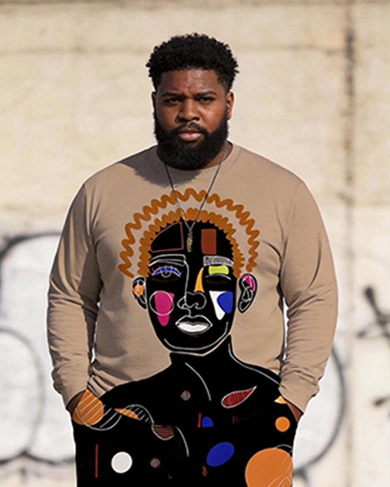 Big & Tall Men's African Art Figure Print Long Sleeve T-Shirt Pants Set