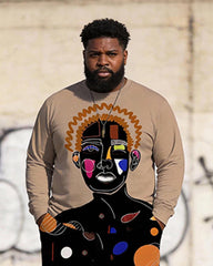 Big & Tall Men's African Art Figure Print Long Sleeve T-Shirt Pants Set
