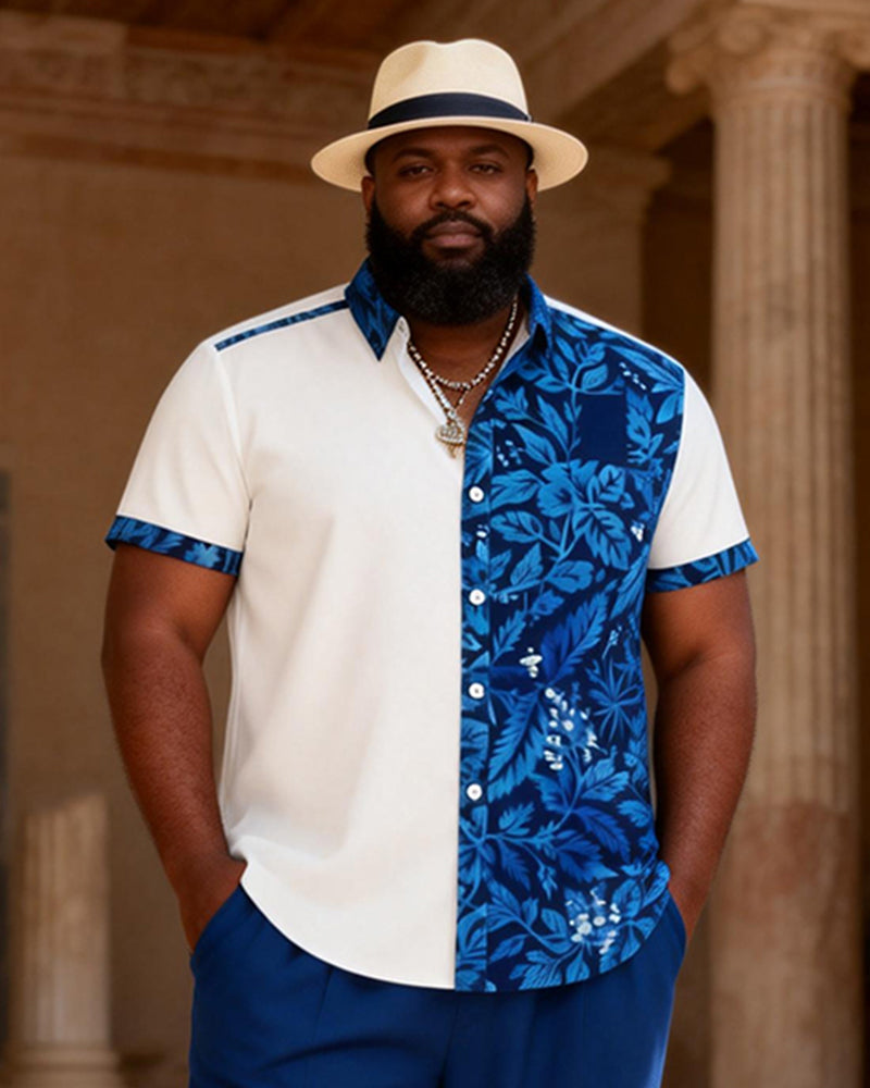 Big & Tall Men's Blue Flower Contrast Printed Short Sleeve Shirt Pants Set