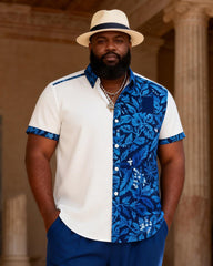 Big & Tall Men's Blue Flower Contrast Printed Short Sleeve Shirt Pants Set