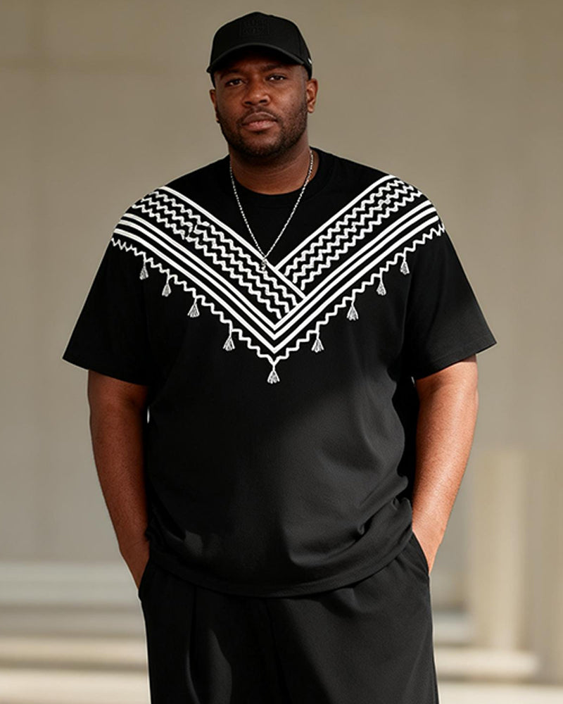 Big & Tall Men's Black And White V-shaped Tassel Ethnic Style Printed T-shirt Pants Set