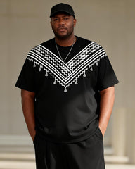 Big & Tall Men's Black And White V-shaped Tassel Ethnic Style Printed T-shirt Pants Set