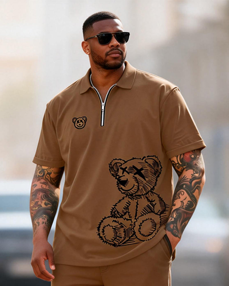 Big & Tall Men's Graffiti Bear Print Zipper Polo Short Sleeve Pants Set