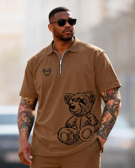 Big & Tall Men's Graffiti Bear Print Zipper Polo Short Sleeve Pants Set