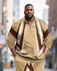 Big & Tall Men's Yellow Brown Geometric Print POLO Collar Zipper Long Sleeve Pants Two-Piece Set