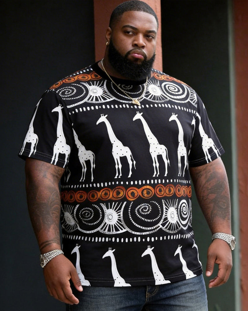 Big & Tall Men's Giraffe African Tribe Printed Round Neck Short Sleeve Tee