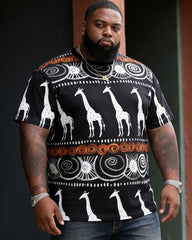Big & Tall Men's Giraffe African Tribe Printed Round Neck Short Sleeve Tee