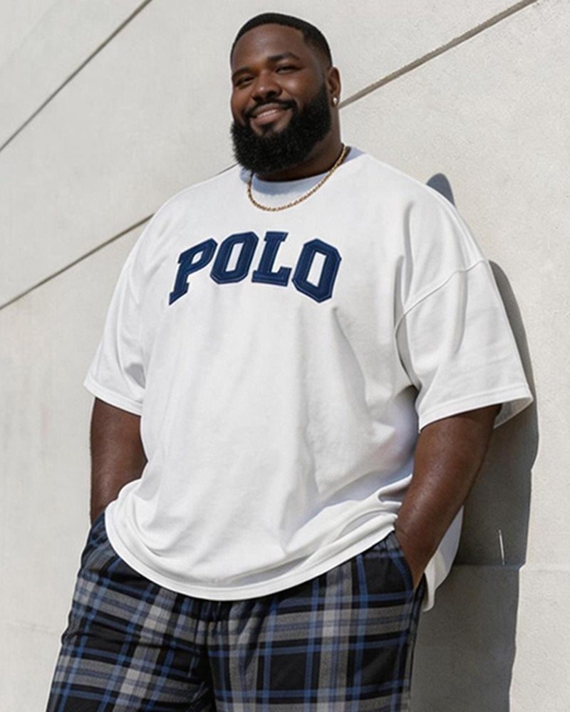 Big & Tall Men's Vintage Plaid POLO Alphabet Print Round Neck Short Sleeve T-Shirt Shorts Set