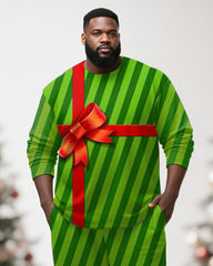 Big & Tall Men's Christmas Gift Green Stripe Printed Long Sleeve T-Shirt Pants Set