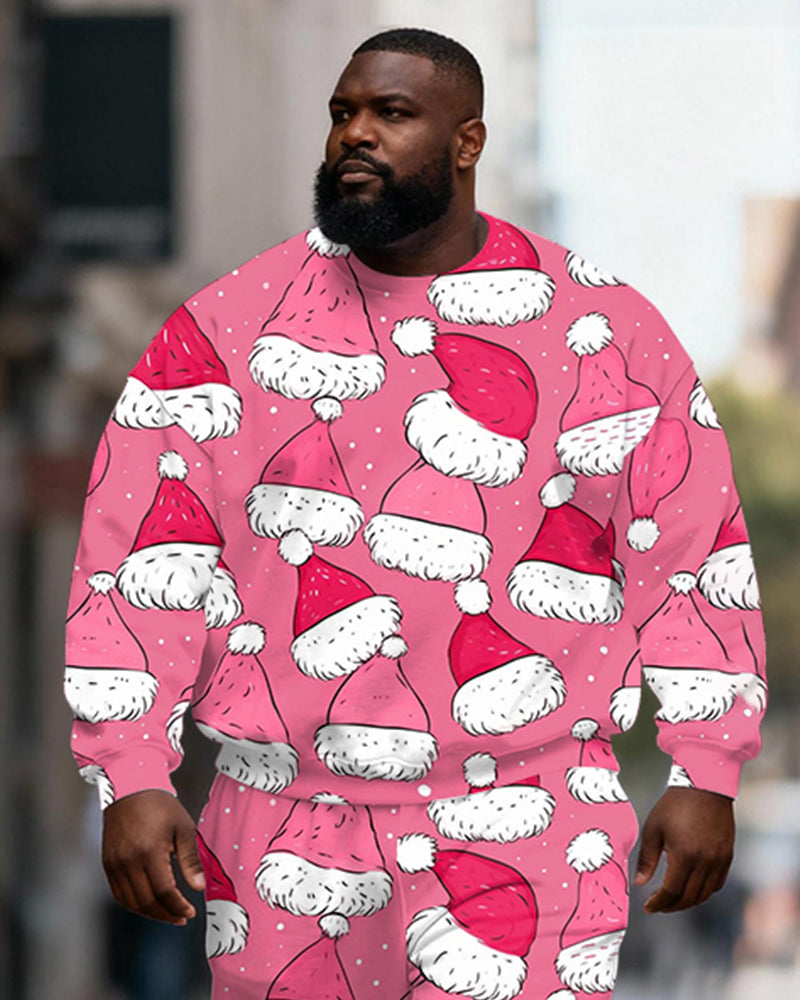 Big & Tall Men's Pink Christmas Hat Printed Crewneck Sweat Set