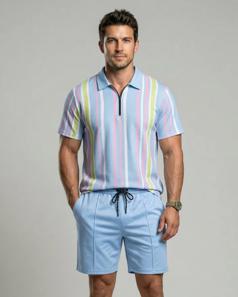 Men's Colorblock Striped Print Short Sleeve Shirt & Shorts Two-Piece Set