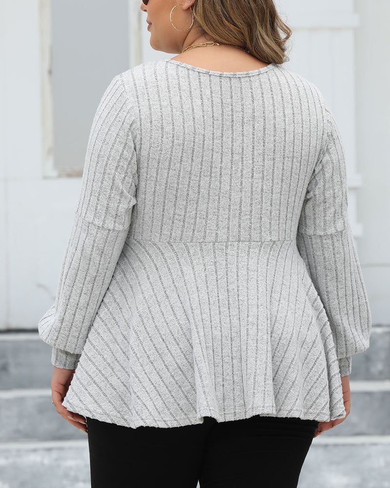 Women's Large Solid Color Striped V-neck Gold Button T-shirt L-5XL