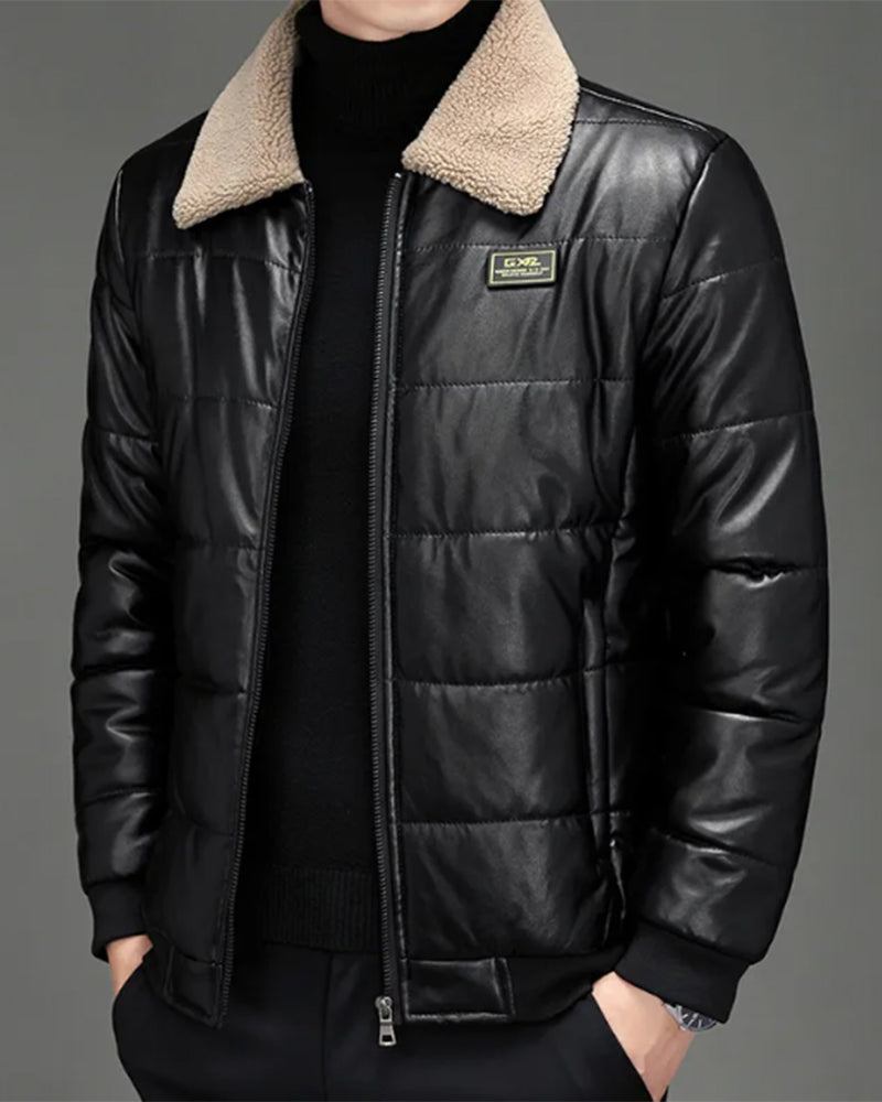 Big & Tall Men's Padded Lamb Wool Lapel Motorcycle PU Leather Jacket M-5XL