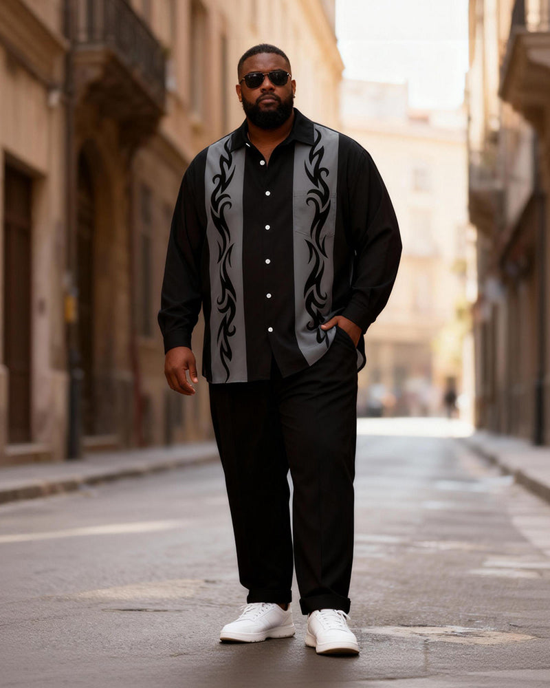 Big & Tall Men's Black And Gray Flame Pattern Stitching Printed Long Sleeve Shirt Trousers Set