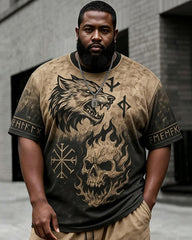 Big & Tall Men's Viking Wolf Head Flame Rune Printed Crewneck Short Sleeve T-Shirt Shorts Set