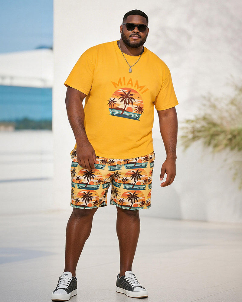 Big & Tall Men'sMIAMI Coconut Tree Sunset Print Round Neck Short Sleeve T-Shirt Shorts Set