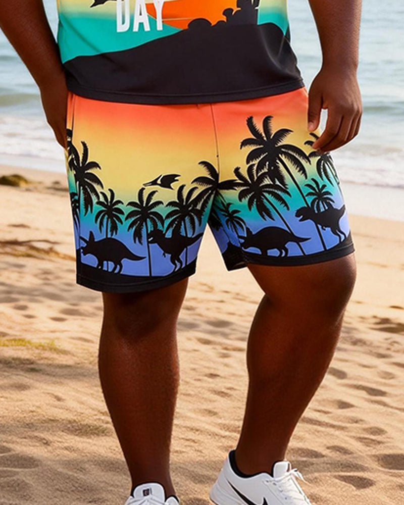 Big & Tall Men's Rainbow Coconut Tree Dinosaur Fun Printed Round Neck Short Sleeve T-Shirt Shorts Set