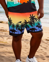 Big & Tall Men's Rainbow Coconut Tree Dinosaur Fun Printed Round Neck Short Sleeve T-Shirt Shorts Set