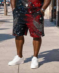 Big & Tall Men’s Red And Black Gradient American Flag Eagle Print Crew Neck Short-Sleeve T-Shirt And Shorts Set