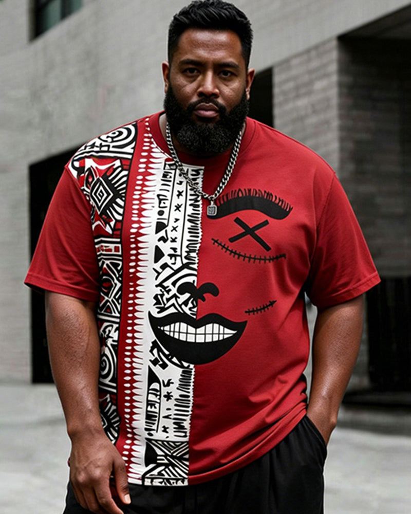 Big & Tall Men’s Patchwork Abstract Face Ethnic-Style Printed Crewneck Short-Sleeve T-Shirt And Shorts Set