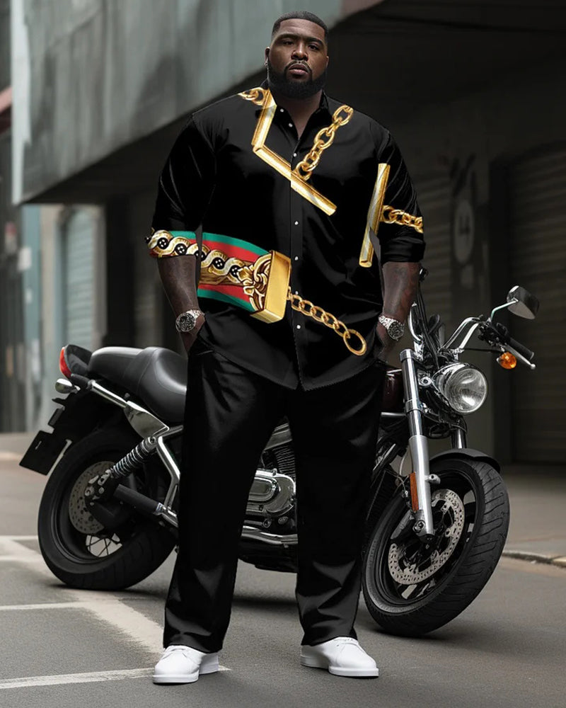 Big & Tall Men's Black Gold Chain Print Long Sleeve Shirt Pants Set
