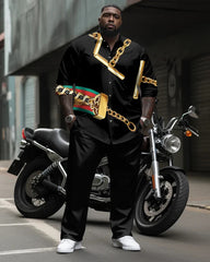 Big & Tall Men's Black Gold Chain Print Long Sleeve Shirt Pants Set