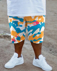 Big & Tall Men's White Camouflage Dolphin Print Round Neck Short Sleeve T-Shirt Shorts Set