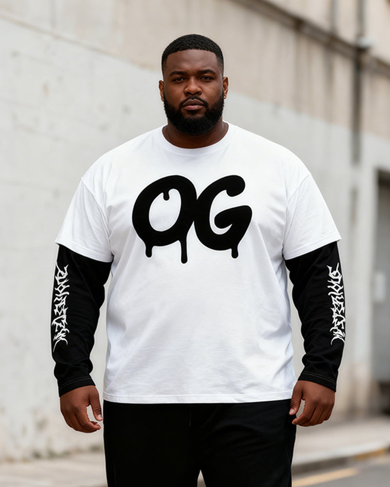Big & Tall Men's "OG" Dripping Letter Printed Fake Two-Piece Long Sleeve T-Shirt