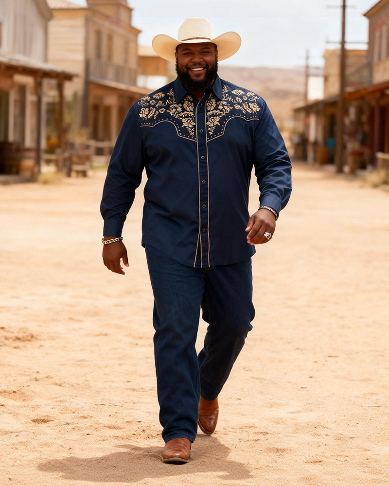 Big & Tall Men's Western Navy Floral Print Long Sleeve Shirt Trouser Set