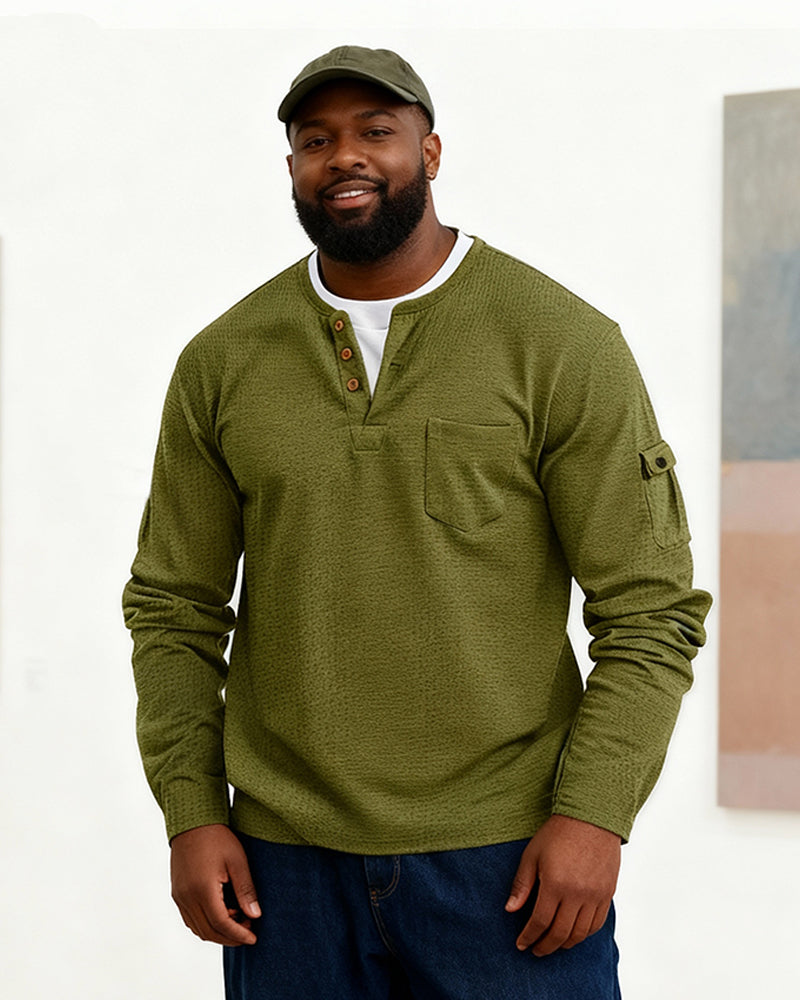 Big & Tall Men's Solid Color Fake Two-Piece V-Neck Waffled Long-Sleeved T-Shirt S-2XL