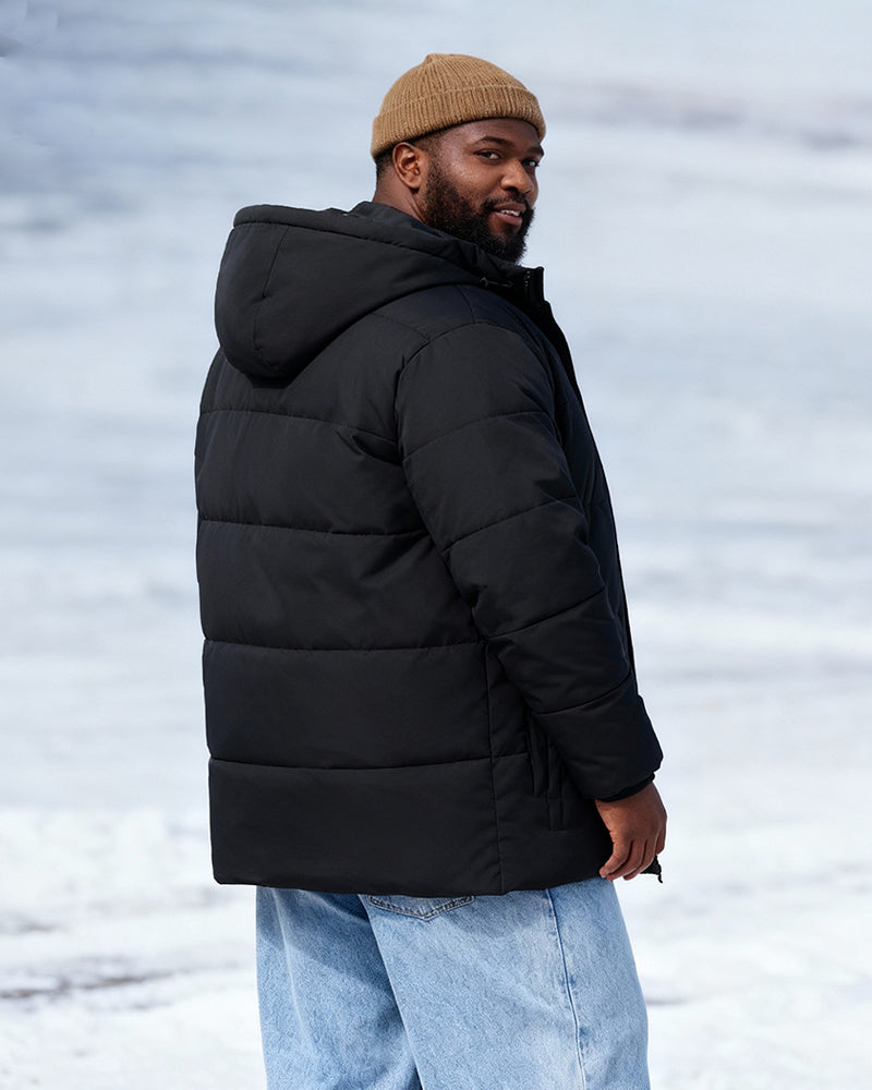 Big & Tall Men's Solid Color Padded Hooded Long Cotton-padded Jacket Coat M-8XL