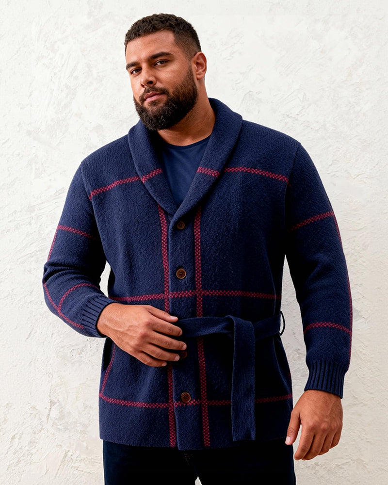 Big & Tall Men's Retro Mid-length Classic Striped Jacquard Cardigan Sweater Coat M-3XL
