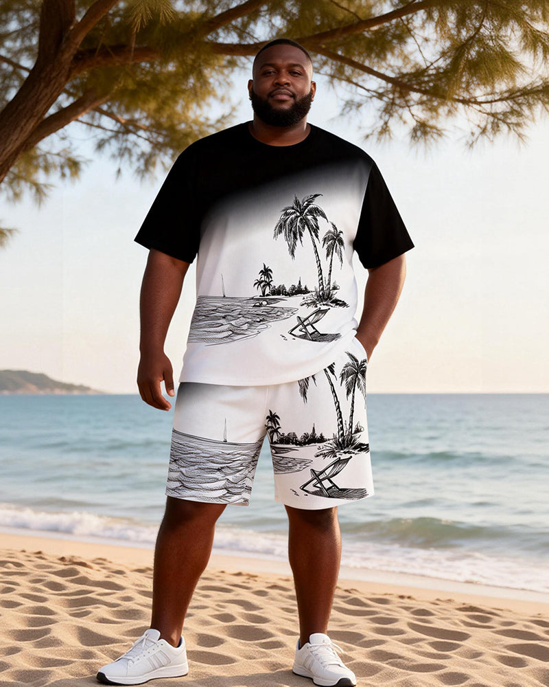 Big & Tall Men's Black And White Hand Painted Beach Printed Round Neck Short Sleeve T-Shirt Shorts Set