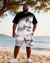 Big & Tall Men's Black And White Hand Painted Beach Printed Round Neck Short Sleeve T-Shirt Shorts Set