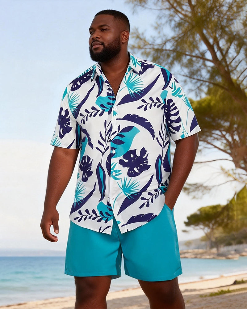 Big & Tall Men's Blue And White Tropical Leaf Print Short Sleeve Shirt Shorts Set