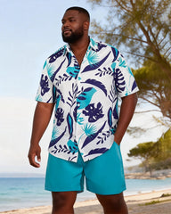 Big & Tall Men's Blue And White Tropical Leaf Print Short Sleeve Shirt Shorts Set