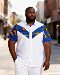 Big & Tall Men's Blue-orange Pattern V-shaped Stitching Printed Short-sleeved Shirt