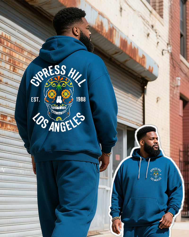 Big & Tall Men's Blue Skull Graffiti Alphabet Print Hoodie Set