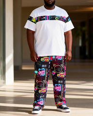 Big & Tall Men's Neon Tokyo Graffiti Print T-Shirt Pants Set