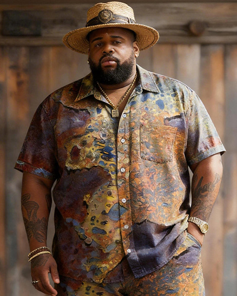 Big & Tall Men's Retro Distressed Tie-dye Color Block Printed Short Sleeve Shirt Shorts Set
