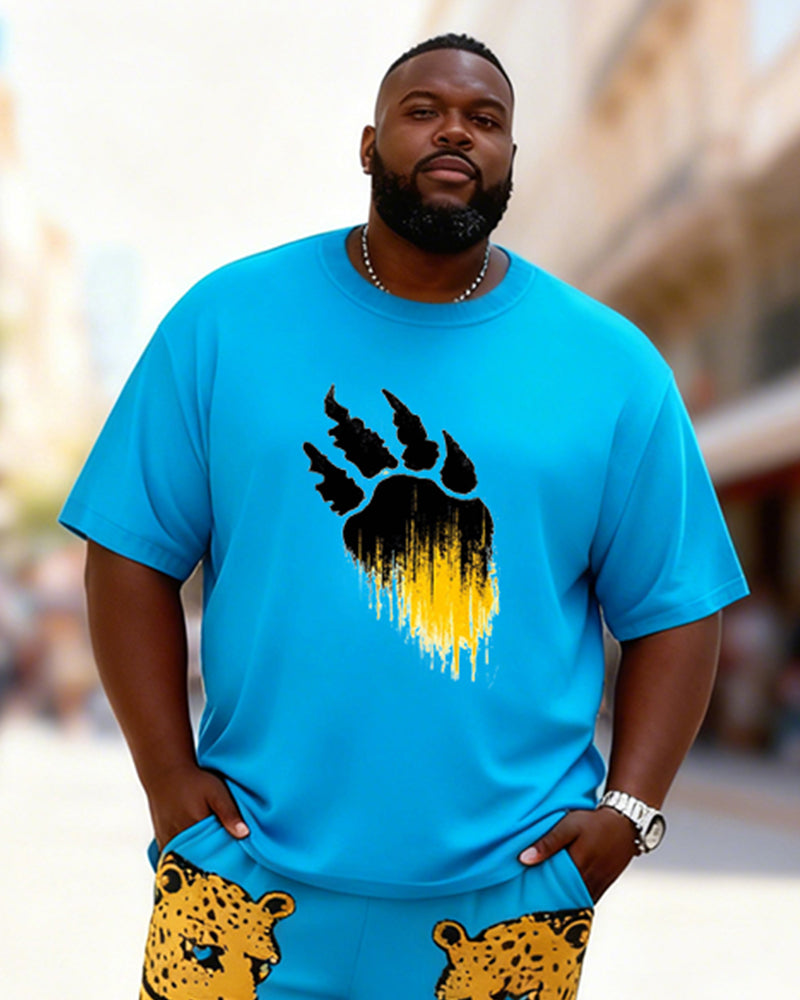 Big & Tall Men's Blue Leopard Claw Contrast Printed Crew Neck Short Sleeve T-shirt Shorts Set