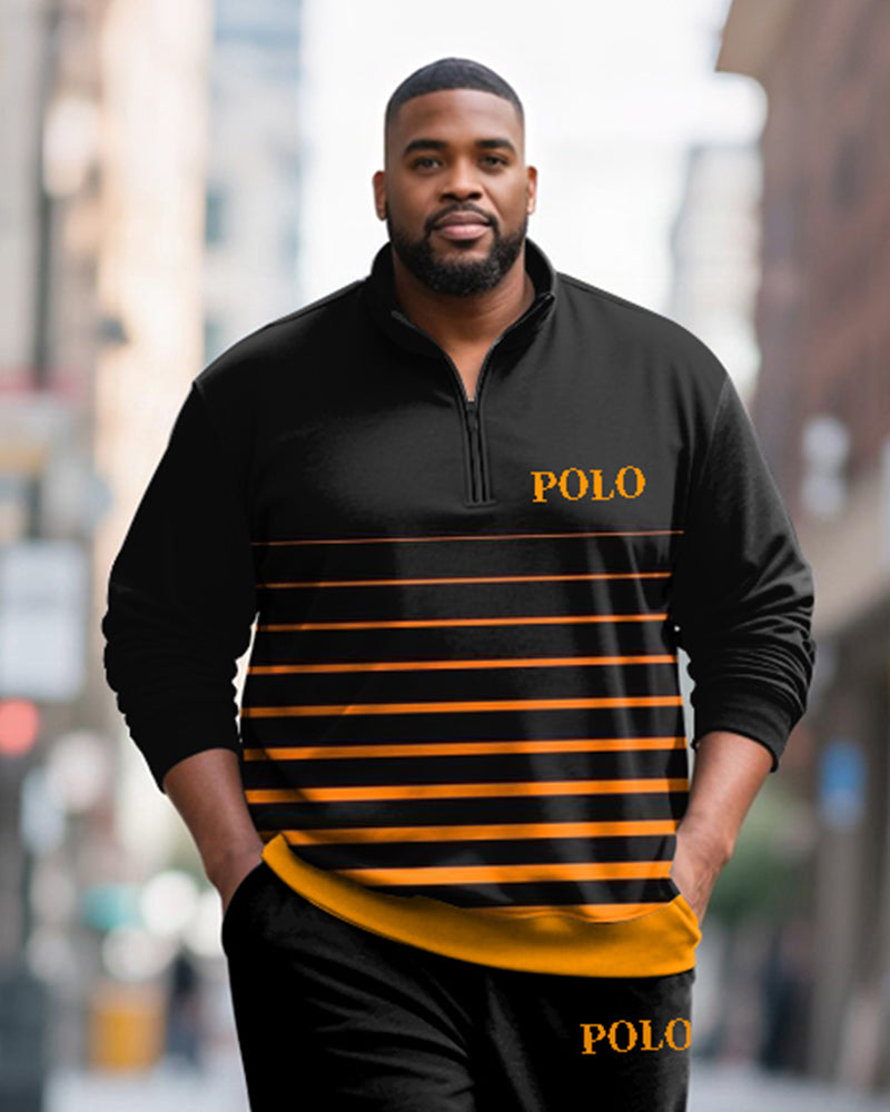 Big & Tall Men's Black And Yellow Striped Letter Printed POLO Collar Zipper Long Sleeve Pants Two-Piece Set