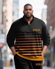 Big & Tall Men's Black And Yellow Striped Letter Printed POLO Collar Zipper Long Sleeve Pants Two-Piece Set